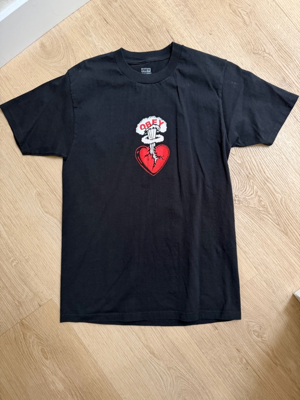 Obey Black Short-Sleeve Tee with Red Heart Graphic